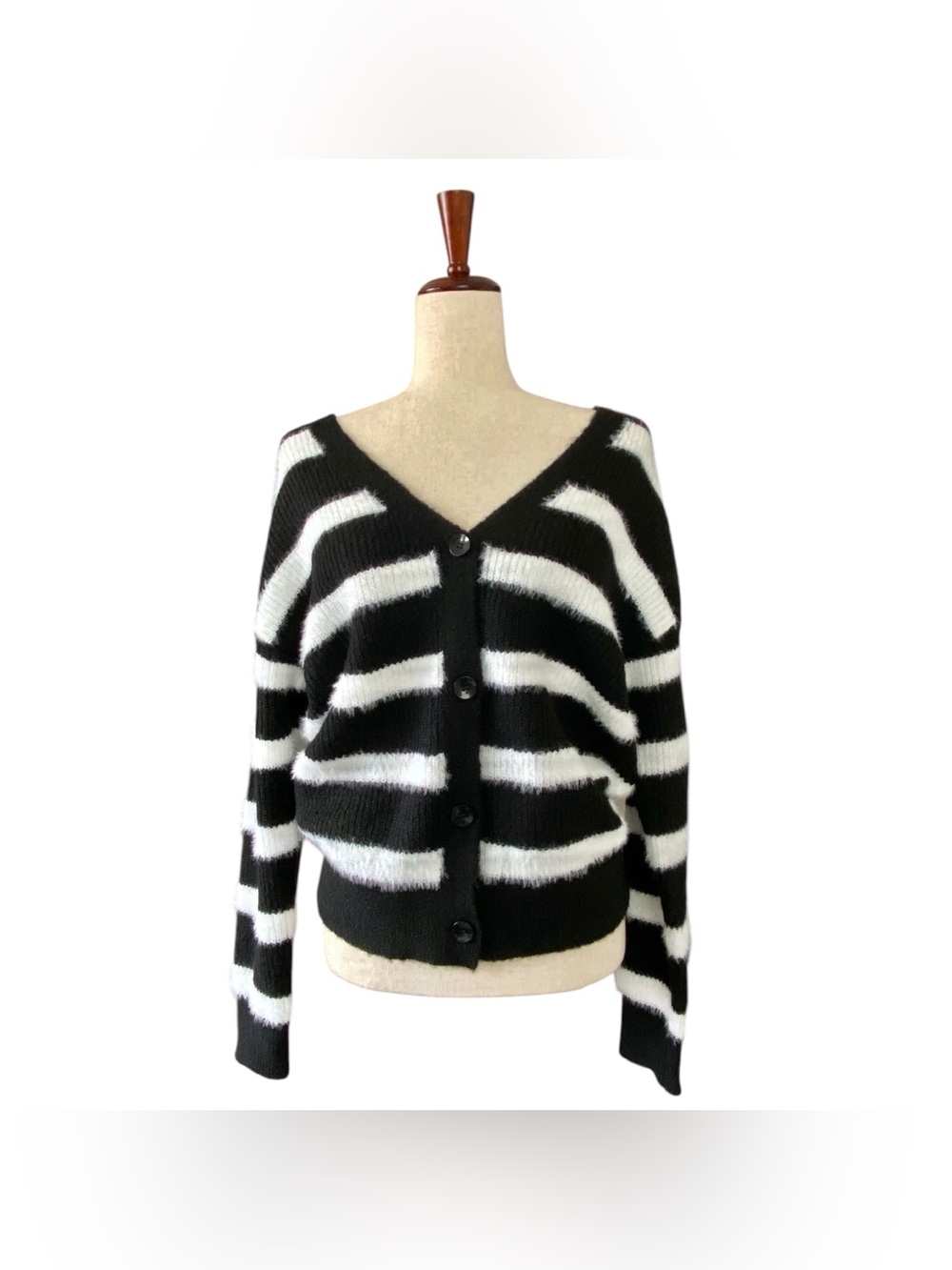 Aqua Black White Striped Fuzzy Knit V-Neck Cardigan Sweater Women’s Small